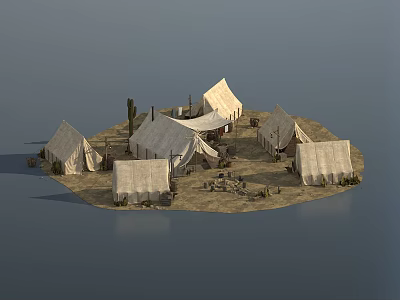 Canvas Tents Arranged In Desert Campsite With Natural Plants And Camping Gear 3d model