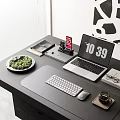 Modern Workspace Desk With Laptop Keyboard Mouse Smartphone Potted Plant And Abstract Art