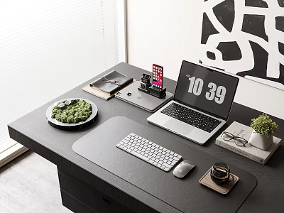 Modern Workspace Desk With Laptop Keyboard Mouse Smartphone Potted Plant And Abstract Art 3d model