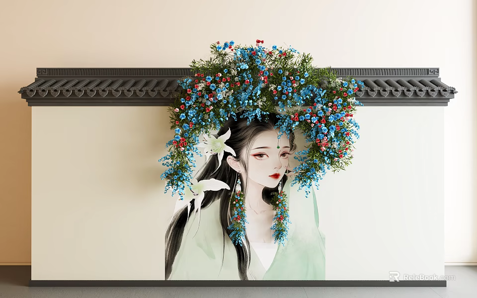 Elegant Interior Wall Art With Female Figure And Blue Red Floral Design 3d model 