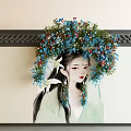 Elegant Interior Wall Art With Female Figure And Blue Red Floral Design