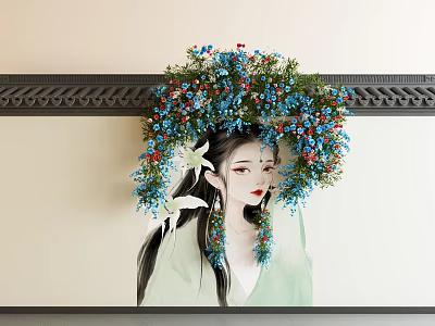 Elegant Interior Wall Art With Female Figure And Blue Red Floral Design 3d model