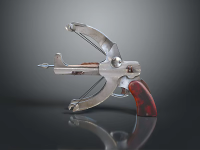 Vintage Silver Metal Hand Crossbow With Red Wooden Grip And Mechanical Parts 3d model