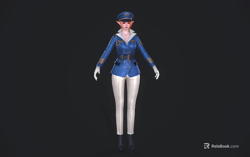 Game Movie Character in Blue Uniform with Hat White Pants and Gold Accents 3d model 