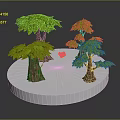 Green Leafy Trees with Brown Trunks on White Circular Platform and Small Red Object 3d model