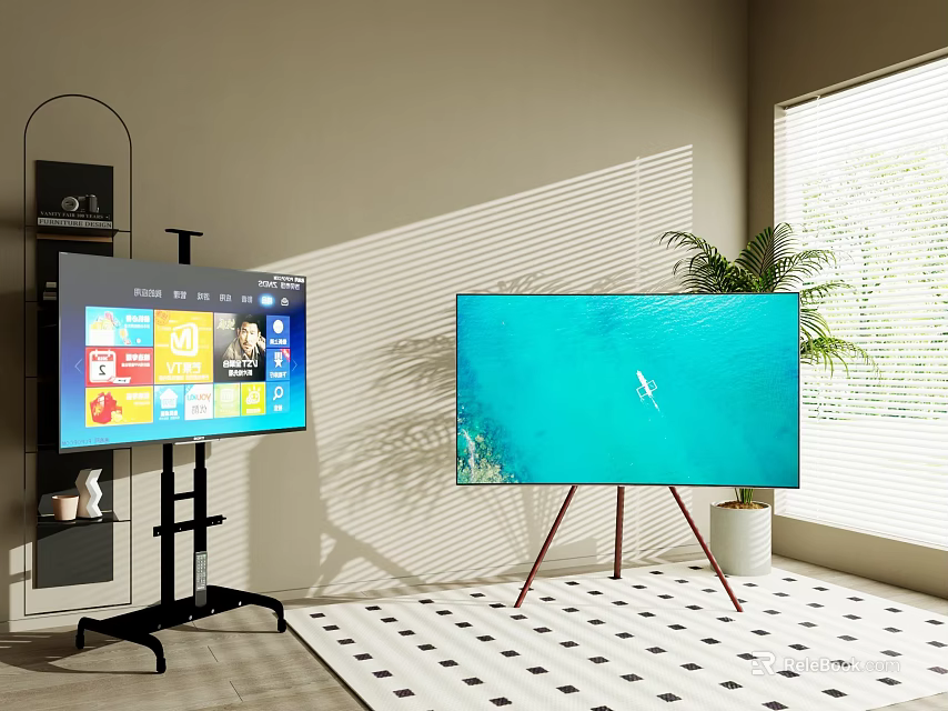 Two Televisions on Black Stand and Red Tripod Showing App Interface and Ocean View 3d model 