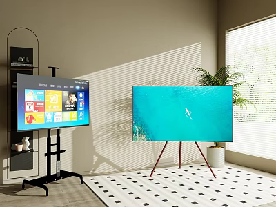 Two Televisions on Black Stand and Red Tripod Showing App Interface and Ocean View 3d model