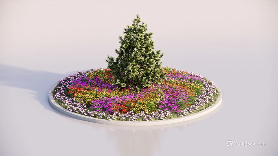 Circular Flower Bed Planter With Central Small Tree And Colorful Surrounding Flowers 3d model 