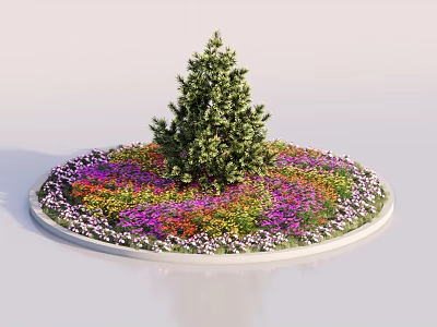 Circular Flower Bed Planter With Central Small Tree And Colorful Surrounding Flowers 3d model