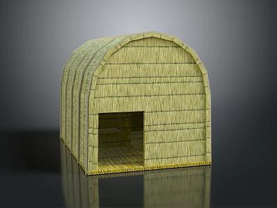 Rustic Wooden House With Arched Straw Roof And Open Doorway Structure 3d model