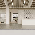 Modern Office Interior With Wooden Ceiling Slats Glass Partitions Reception Desk And City View Window