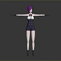 Woman with purple black hair wearing white top dark shorts red bow tie arms outstretched