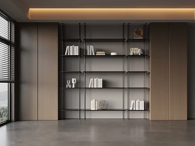 Elegant Modern Minimalist Bookcase With Wooden Metal Frame And Books Decorations 3d model