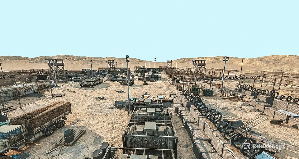 Outdoor Desert Military Training Ground With Military Vehicles Obstacles And Watchtowers 3d model 
