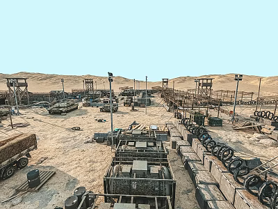 Outdoor Desert Military Training Ground With Military Vehicles Obstacles And Watchtowers 3d model