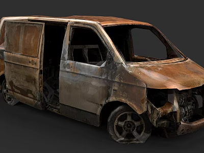 Burned Rusted Old Van Abandoned Wrecked Damaged Car With Broken Parts 3d model