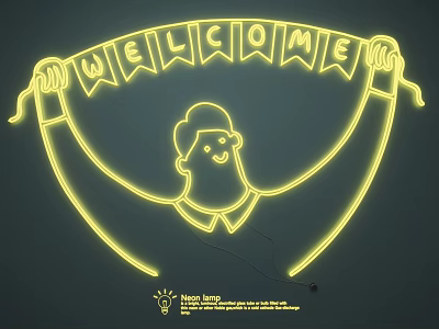 Vibrant Neon Light Fixture Combination With Welcome Banner And Cartoon Character Design 3d model