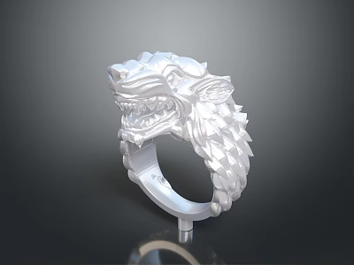 Silver Wolf Head Ring With Detailed Mane And Open Mouth Design 3d model