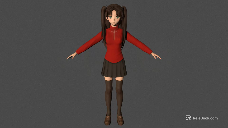 3D Anime Character Girl With Twin Ponytails Red Cross Top Black Pleated Skirt And Gray Background 3d model 