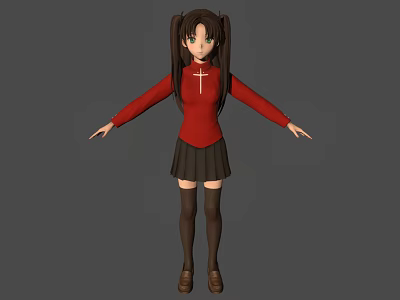 3D Anime Character Girl With Twin Ponytails Red Cross Top Black Pleated Skirt And Gray Background 3d model