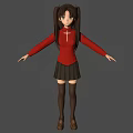 3D Anime Character Girl With Twin Ponytails Red Cross Top Black Pleated Skirt And Gray Background