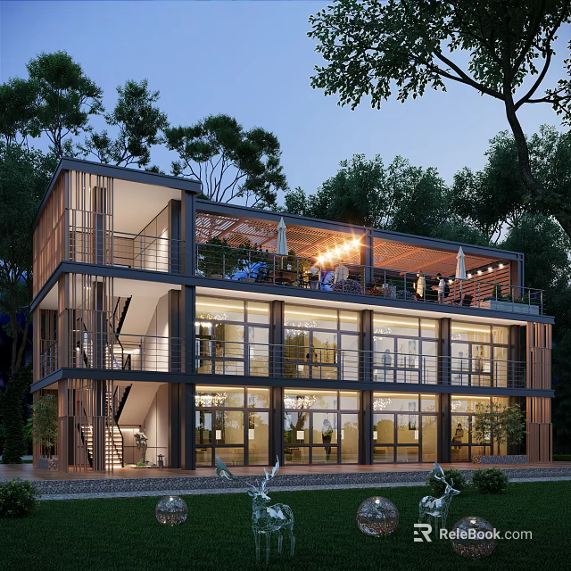 Modern Homestay Building Surrounded by Trees With Large Windows Balconies And Warm Lighting 3d model 