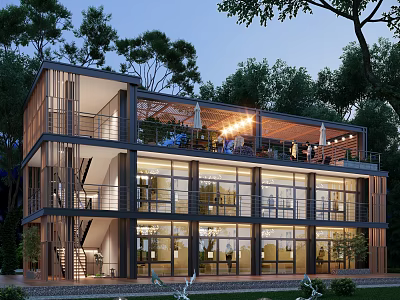 Modern Homestay Building Surrounded by Trees With Large Windows Balconies And Warm Lighting 3d model