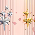 Silver And Gold Star Shaped Ornaments On Pink Striped Background With Small Beads And Shadows