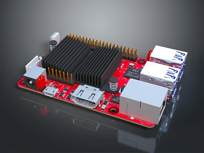 Red Computer Circuit Board With Black Heat Sink Components and USB Ports 3d model