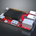 Red Computer Circuit Board With Black Heat Sink Components and USB Ports
