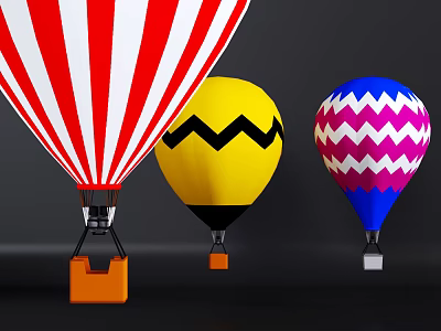 Vibrant Hot Air Balloons Featuring Red White Stripes Yellow Zigzag And Blue Purple Patterns 3d model