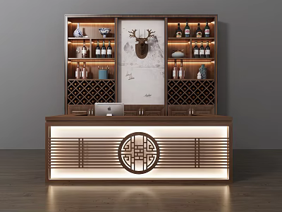 Chinese Style Wooden Reception Desk With Traditional Lattice Design And Illuminated Display Cabinets 3d model