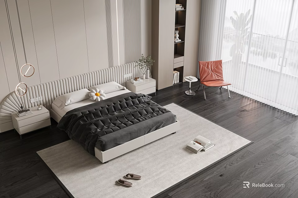 Modern Double Bed with Black Comforter Nightstands Orange Chair and Wooden Floor in Bright Bedroom 3d model 