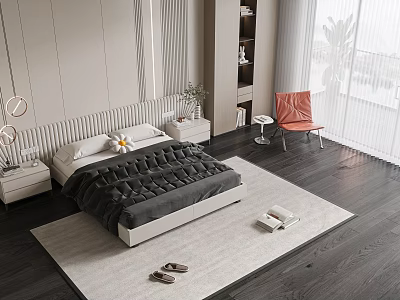 Modern Double Bed with Black Comforter Nightstands Orange Chair and Wooden Floor in Bright Bedroom 3d model