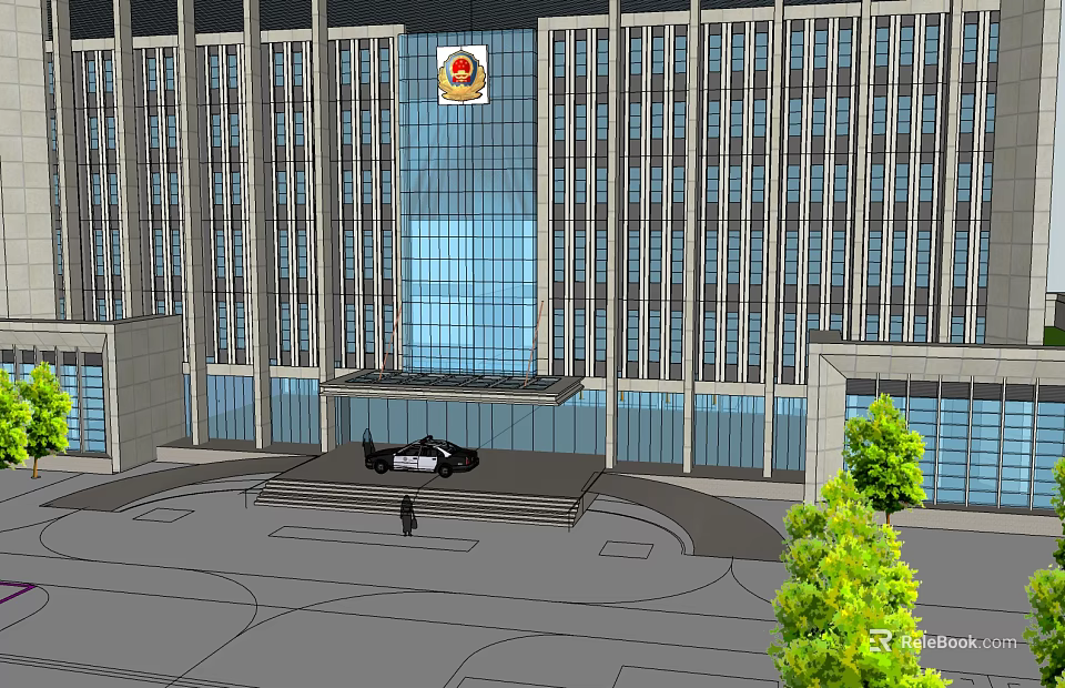 Modern Office Building With Glass Facade Main Entrance Plaza Vehicle And Green Trees 3d model 