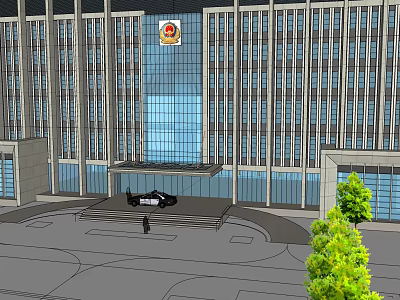 Modern Office Building With Glass Facade Main Entrance Plaza Vehicle And Green Trees 3d model