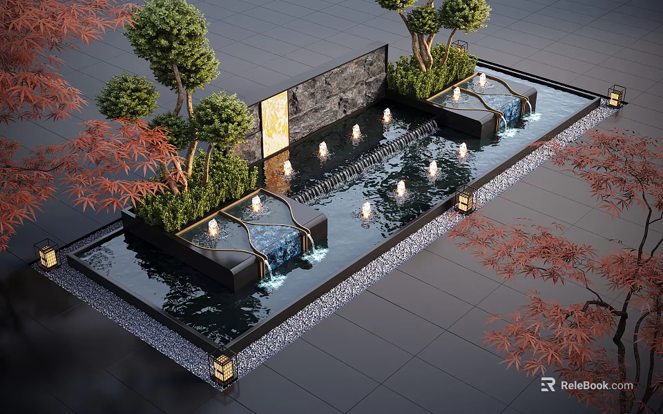 Outdoor Water Fountain with Cascading Water Floating Lights and Green Trees by Stone Wall 3d model 