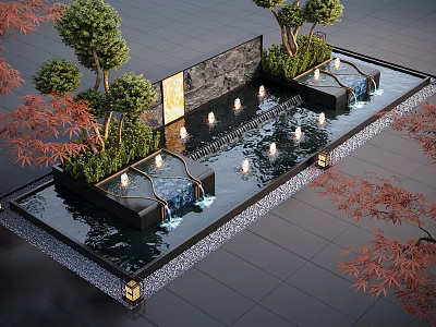 Outdoor Water Fountain with Cascading Water Floating Lights and Green Trees by Stone Wall 3d model