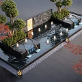 Outdoor Water Fountain with Cascading Water Floating Lights and Green Trees by Stone Wall