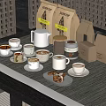 Stylish Coffee Cups With Coffee Pot Jars Cookies And Packaging On Table