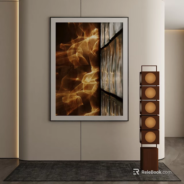 Modern Floor Lamp With Wooden Structure And Circular Light Shades In Stylish Interior 3d model 