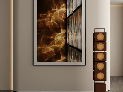 Modern Floor Lamp With Wooden Structure And Circular Light Shades In Stylish Interior 3d model