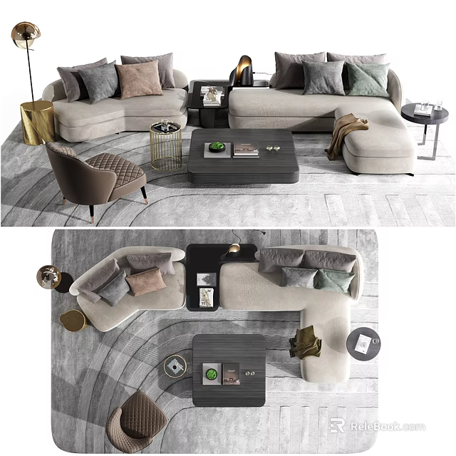 Modern Elegant Sofa Coffee Table Set With Decorative Pillows Patterned Rug And Accent Chair 3d model