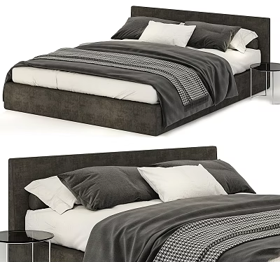 Modern Double Bed With Gray Headboard White Mattress Gray And White Pillows And Striped Duvet 3d model