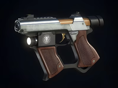 Tactical Metallic Silver Pistol With Brown Textured Grip Flashlight Attachment And Emblem 3d model