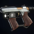 Tactical Metallic Silver Pistol With Brown Textured Grip Flashlight Attachment And Emblem
