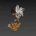 Game Movie Character With Long Silver White Hair Holding Two Swords On Palm Shaped Base