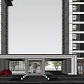 Modern Entrance Gate Between High Rise Buildings With Glass Facade Steps Red Car And Pedestrian