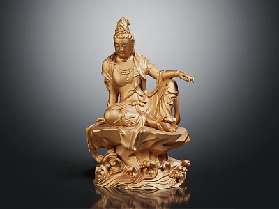 Exquisite Wooden Guanyin Statue With Seated Posture And Carved Lotus Base Details 3d model