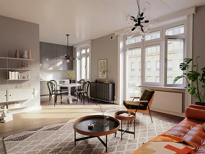 Modern Dining and Living Room Open Layout With Gray Walls Chandelier Sofa And Plants 3d model